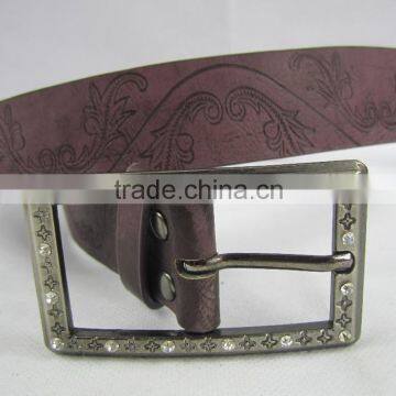 fashion PU flower embossed belt with rihnstone buckle for girls