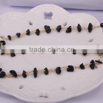 Black Stone Chip Beads Chain, Golden Plated Brass Wire Wrapped Rosary Style Chains Necklace Jewelry Findings Rosary Chain photo-3