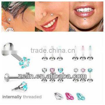 16 gauge internally threaded CZ labrets body lip jewelry piercing