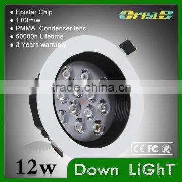 Epistar,Bridgelux chip, CE RoHs approved,cut out 110mm,CRI 80,PF0.9,COB recessed 12w led downlight dimmable