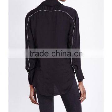 Wholesale Women Black Long Sleeves Hoxton Bird Embroidered Satin Shirt(DQE0108T) photo-3