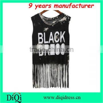 tie dye print cotton tassels sleeveless tops with letter print