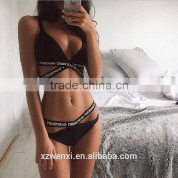 2017 new design open sexy girl full photo Letter printing strappy bikini triangle cross bandgae bikini swimsuit bathing suit