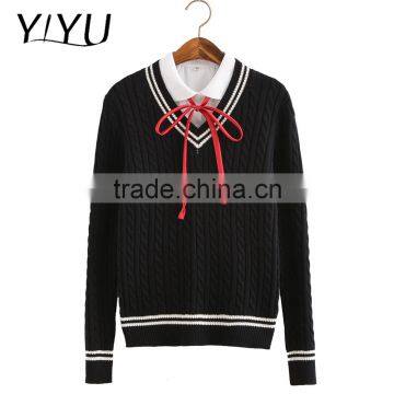 OEM service women white stripes v-neck school uniform cable knit sweater