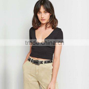 2017 Ladies Ribbed Deep V-neck Short Sleeves Ballet Wrap Crop Cami Tops photo-5