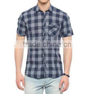 Indigo Short Sleeve Buttonless check plaids men Shirt