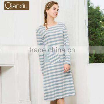 2017 Best Qianxiu Autumn Inner Home Women Lady Girl Cotton Long Sleeved Strip Chinese Women Nightgown photo-2