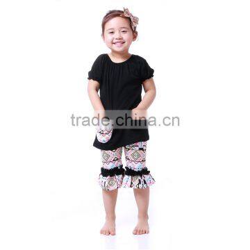 2016 Kids girl Black Top with Ruffle Pants Kids Outfit