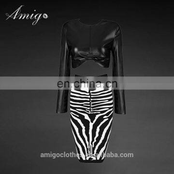 Long Sleeve Leather Ruck Crop Top and Midi Zebra-stripe Pencil Skirt Bodycon Bandage Dress Suit Sexy Evening Dresses for Women photo-2