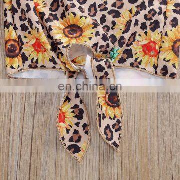 2Pcs Infant Baby Girl Fashion Outfits Toddler Lace-up Flare Sleeve Boat Neck Sunflower Pullover Solid Color Flared Trousers photo-5