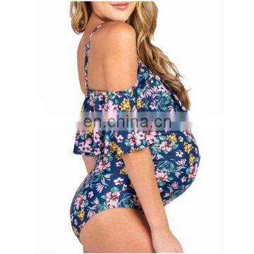 New Maternity One-piece Swimsuit Stripe Print Ruffled print Swimsuit