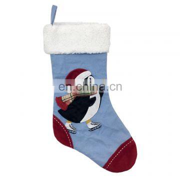 Wholesale Decorative Faux Lamb Wool Applique Penguin With 3D Scarf Christmas Socking for Christmas