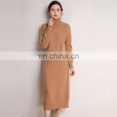 Women Cable Knit Cashmere Merino Wool Turtle Neck Long Sweater Dress photo-5
