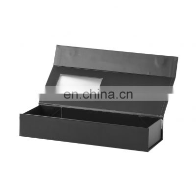 Paper card box with PVC window on top matte black packaging box for hairpiece magnetic closure flip box for wig packing