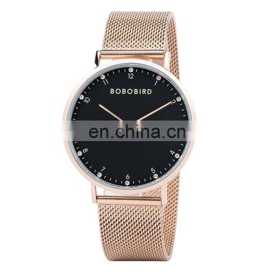 BOBO BIRD Stainless Steel Watches Couple Rose Gold Watch for Women Men Quartz Wristwatch with Metal Mesh Band Anniversary Gift