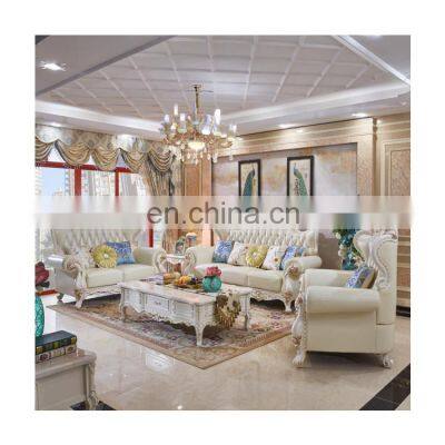 Foshan Factory Wholesale Classic Antique Solid Wood Carved Leather Couch Living Room Sofas Set