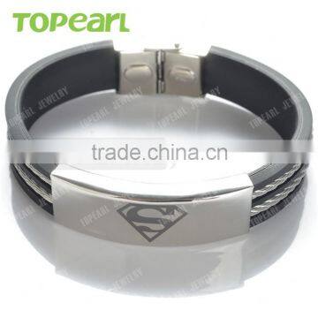 Topearl Jewelry High Quality 304 Stainless Steel Superman Rubber with Wire Bracelet MEB223