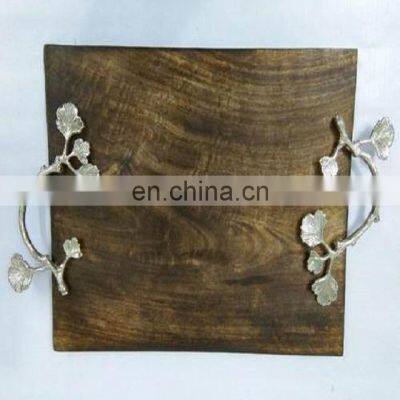 silver handle wooden tray