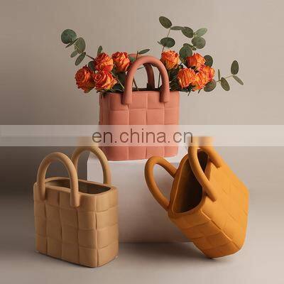Modern Decorative Handmade Art Nordic Porcelain Ceramic Irregular Flower Vase Bag Shape