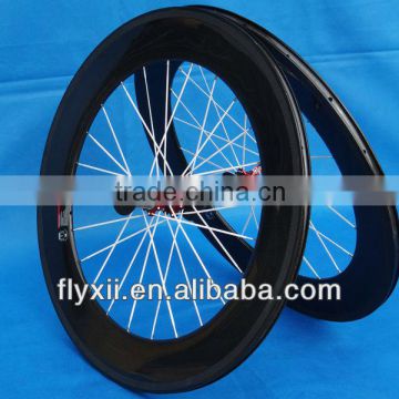 FLX-WS-CW08P Full Carbon 3K Road Bike Bicycle Clincher Wheelset 88mm : Rim + White Spokes + Red hub + Brake Pads + QR skewers