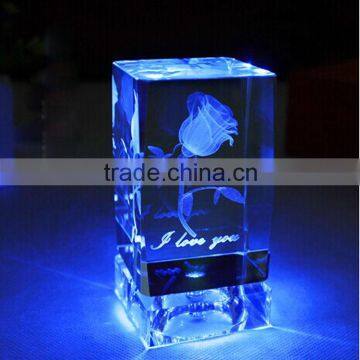 3d laser engraved crystal rose wedding favors crystal cube block with led
