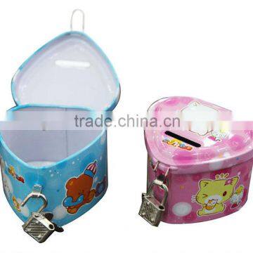 Heart shape metal tin money box with lock