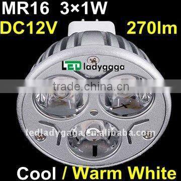 High quality 3W 3 LEDs MR16 Cool White Warm White Light Bulb Lamp DC 12V,270lm,Epistar Chip,Low heat MR16 led spotlight