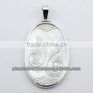 Large Mother Of Pearl 925 Silver Pendant Hand Carved