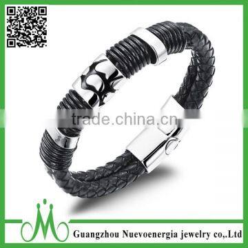 Mens Braided Leather Rope Bracelet Stainless Steel Magnetic Clasps For Flat Leather Bracelet