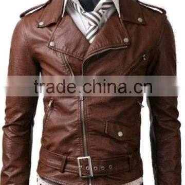 MENS BELTED SLIMFIT BIKER GENUINE LEATHER JACKET BROWN COLOUR