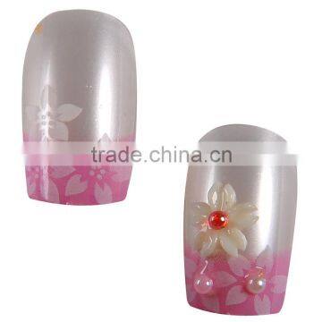 Pink flower printed nails with 3d decoration