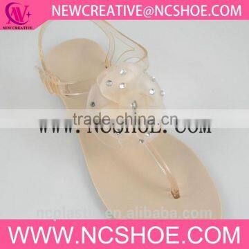 Ladies flat Jelly T-Shape crystal sandals with flower