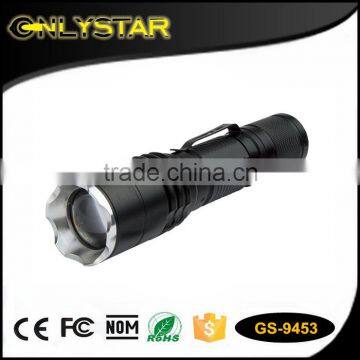 Onlystar GS-9453 800 lumen cre xml t6 aluminum alloy adjustable zoom flash light 18650 rechargeable battery rugged flashlight