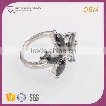 R63425K01 China wholesale jewelry silver plated with black coral stone ring designs black flower ring for women