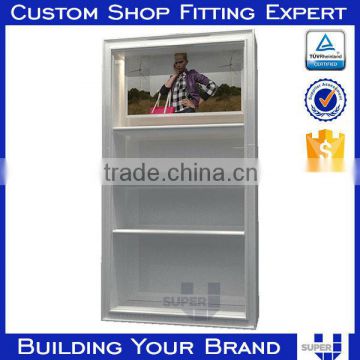 wooden display shelf against wall retail led light display stand manufacturer