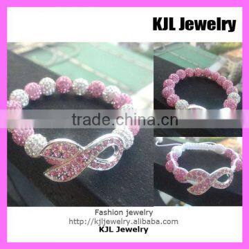 pink crystal rhinestone sideway breast cancer bracelet, silve tone pink crystal ribbon sign bracelet