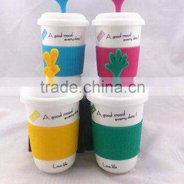 green pink yellow blue mug with cute hand ceramic mug/mug with silicone sleeve/travel mug porcelain tumbler