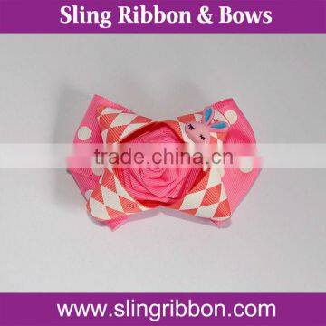 4 Inch Pink Plaid Ribbon Big Hair Ribbon Bows With Rabbit