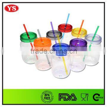 BPA Free Transparent Single Wall 18 oz Plastic Jar With Straw