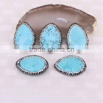 Natural Blue Turquoise Druzy Stone Beads, Water Drop Pave Crystal Gem stone Charm Connector Jewelry