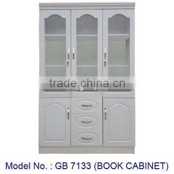 White Color Modern Book Cabinet New Design Bookcase With 3 Glass Doors And Drawers In MDF Wooden Home Furniture