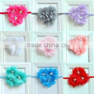 fashion mesh tulle flower with rhienstone for elastic hair bands