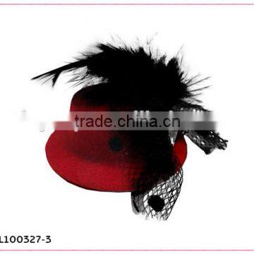 mini red hat hair clip with feather