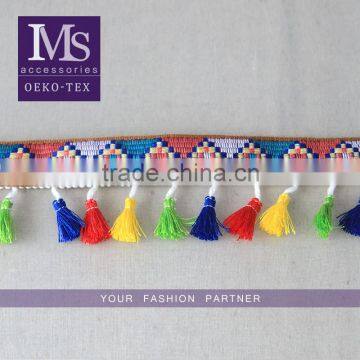 New Design Colored 6.5cm width fancy colorful lace tassel fringe trim