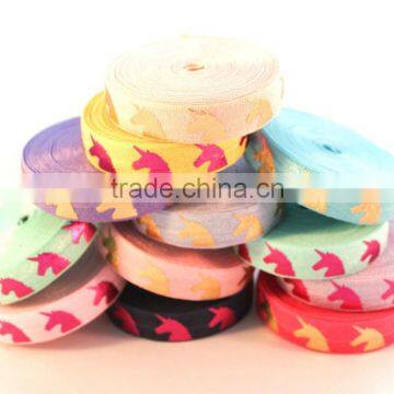 5/8" Fold Over Elastic Gold Unicorn on Carnation Pink Pattern Metallic Printed Elastic Band for Underwear Trousers