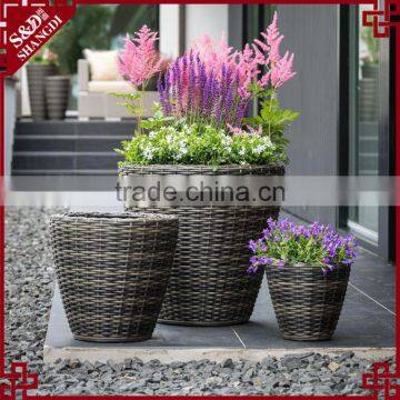 S&D Classic round shaped outdoor decorative garden coffee shop flower pots rattan wicker ceramic planters set of 3