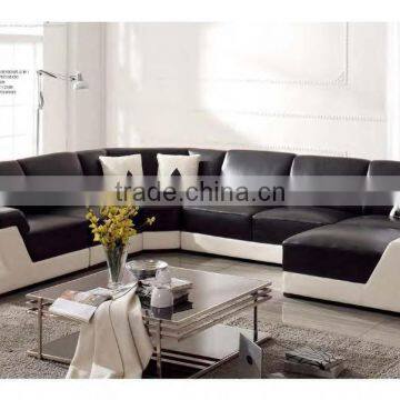 Bisini Black and White Leather Living Room Sofa, Genuine Leather Sofa Set