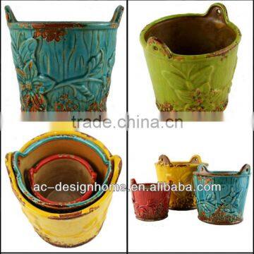 S/3 ROUND CERAMIC PLANTER W/EARS