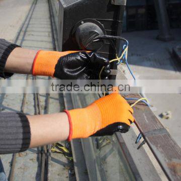 NMSAFETY 13 g orange ployester liner black nitrile gloves/U3 style gloves good grip performance