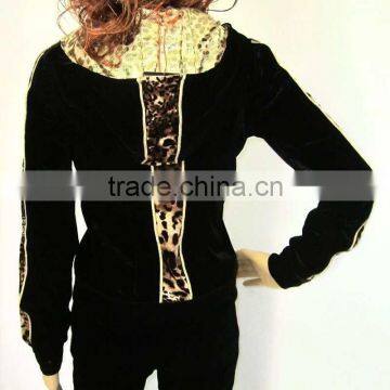 ZIPPER YOGA RUNNING Sweat BLACK Sport Suit , Women Leopard Print Velvet Sport Tracksuit Wholesale photo-3